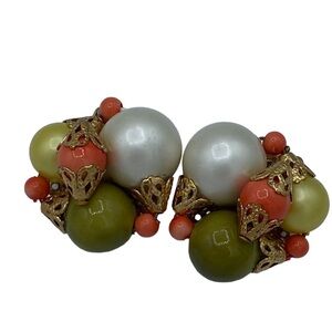 Vintage clip on earrings Pearl green orange faux coral cluster 50’s